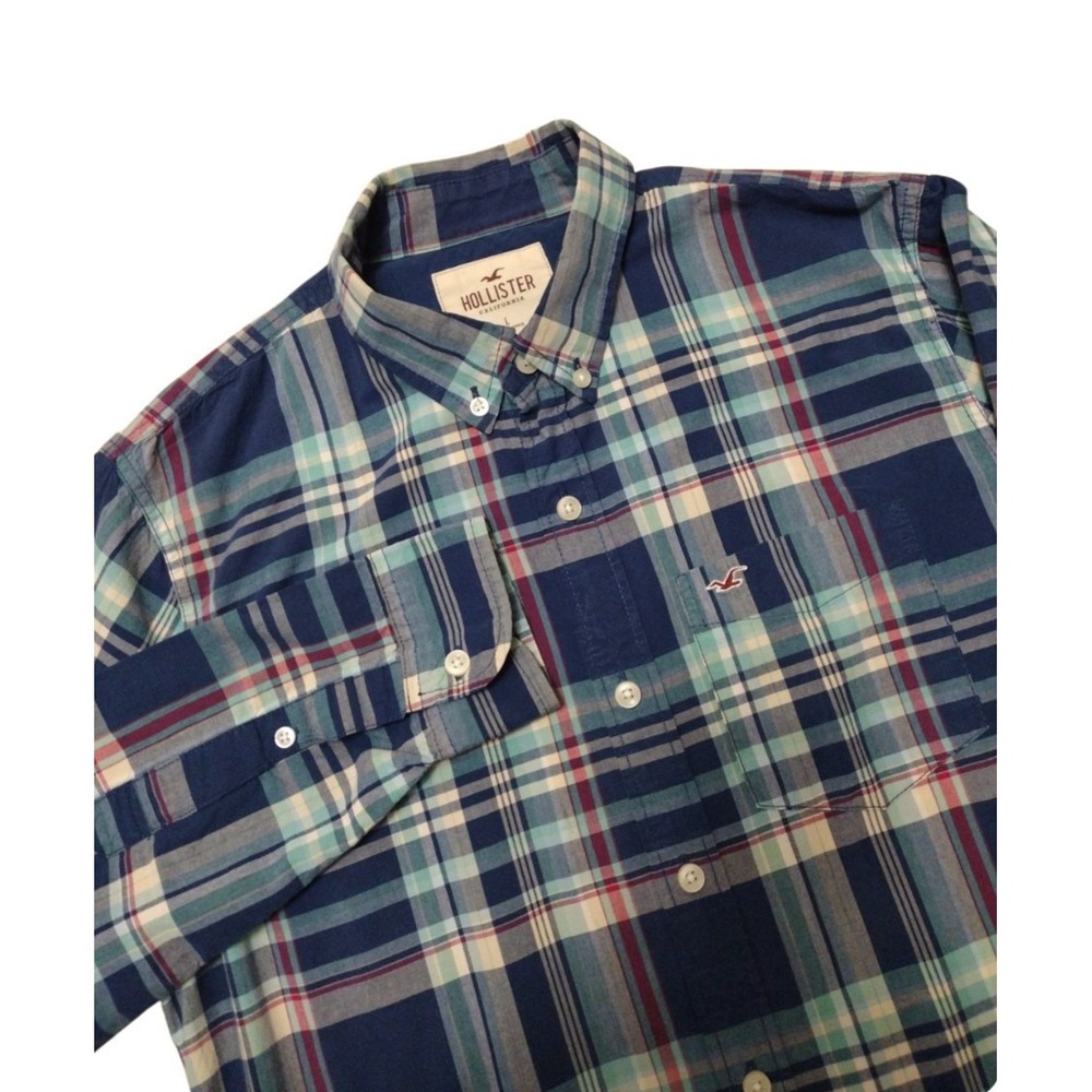 Hollister Button Down Shirt Men Large Blue Plaid‎ Long Sleeve casual Western